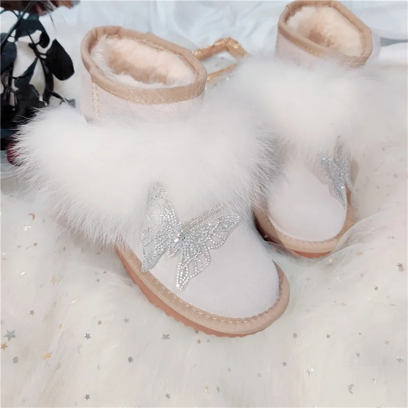 

Fur one-piece boots Rhine-diamond butterfly decoration handmade custom fox hair boots men and women plus size 35-44