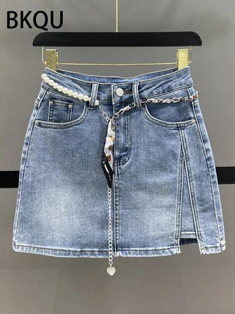 

BKQU 2023 Blue Washed Split Denim Mini Skirts Women Elegant High Waist Pocket A-line Jean Skirt Korean Street All-match Clothes