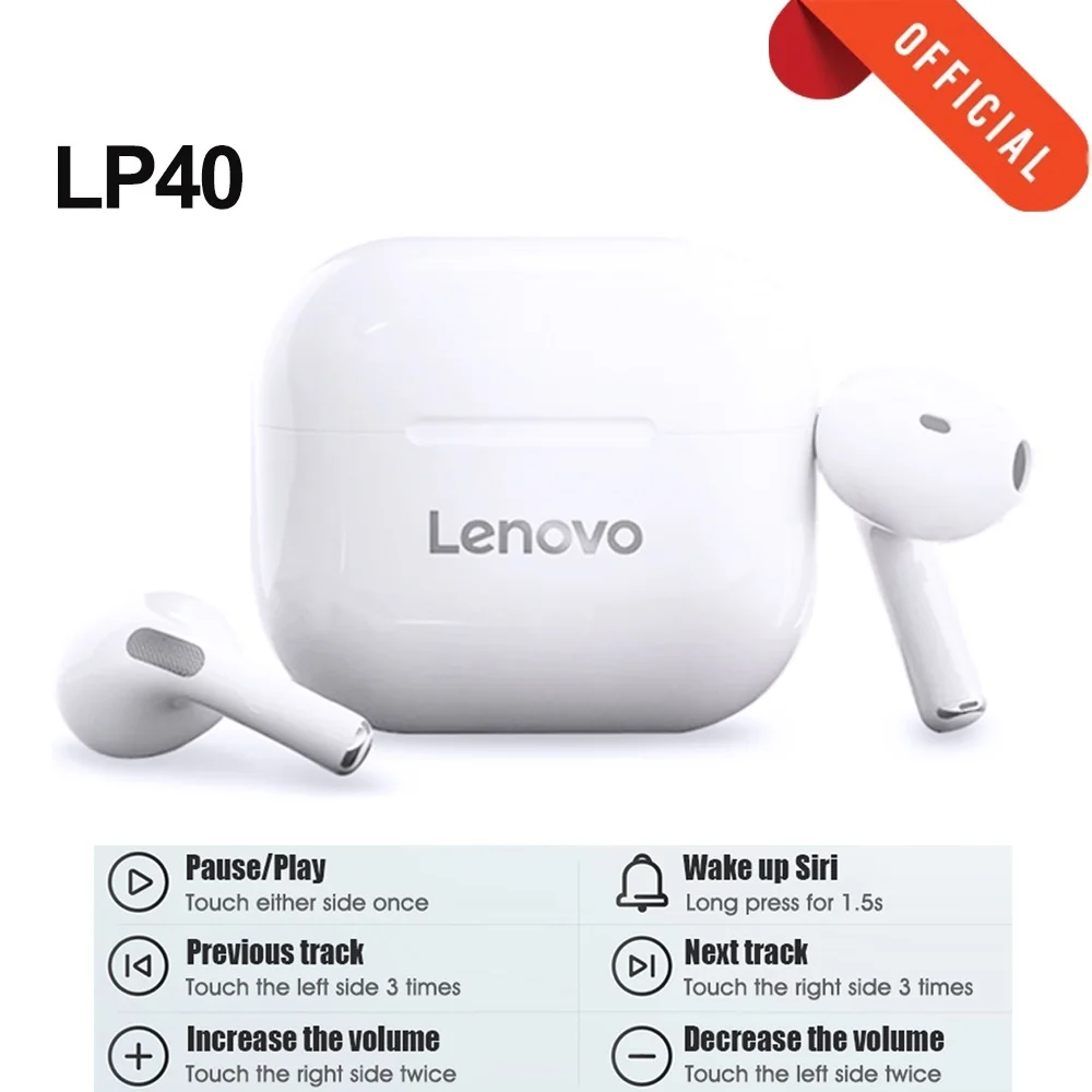 

Original Lenovo LP40 TWS Wireless Earphones Bluetooth 5.0 Headset Stereo Music Headphones Touch Control Waterproof Earbuds