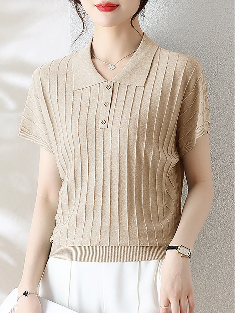 

BETHQUENOY Crease Effect Knit Summer Top Women Camisetas De Mujer Short Sleeve Tee Shirt Lapel Collar Buttoned Tshirts Femme