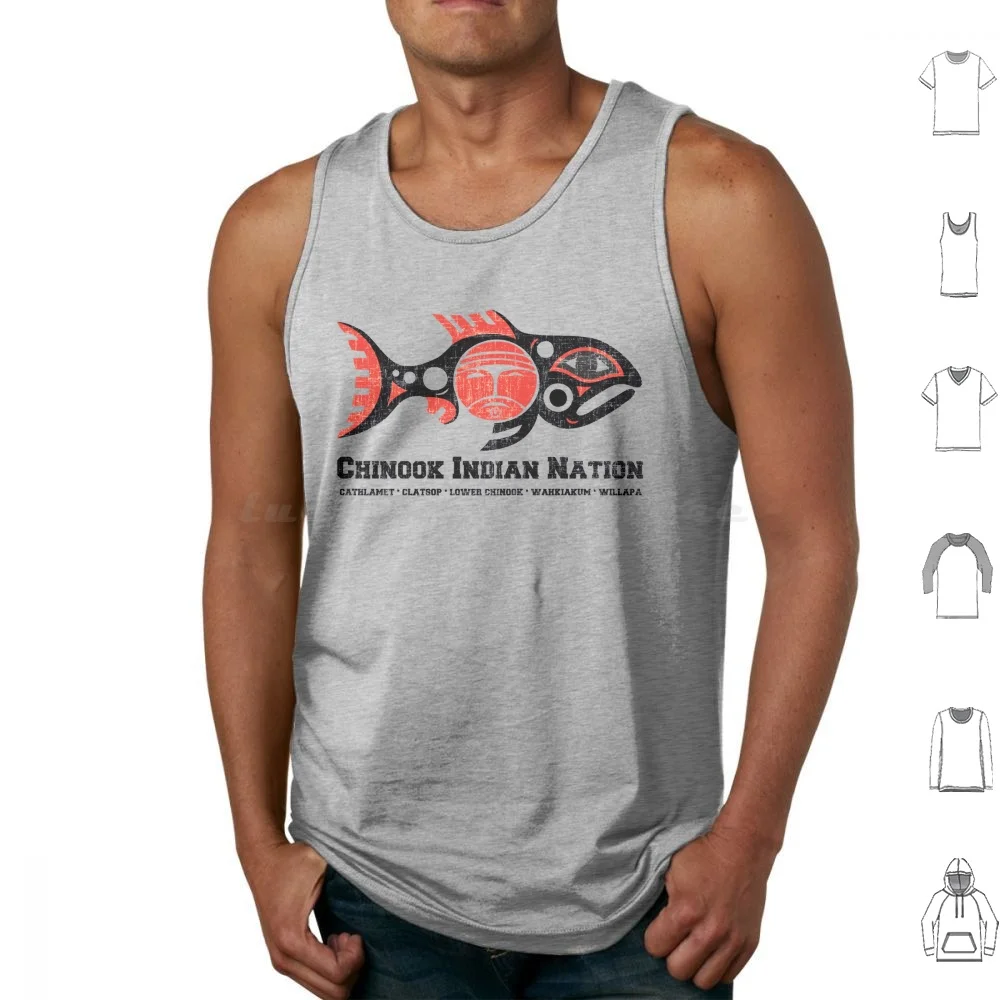 Chinook Nation этнический логотип состаренные майки с принтом без рукавов Indian Cathlamet Clatsop