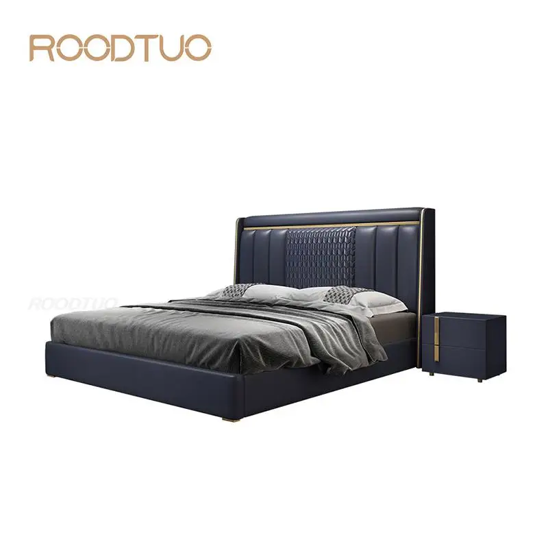 Luxury Modern Dark Blue Yellow Cowhide Leather Multifunctional High Box Storage Lit 2 Personne Master Room