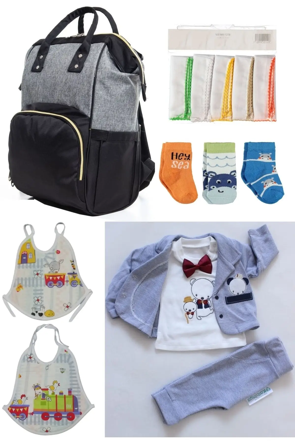 

Набор для родов из 6 предметов (рюкзак для ухода за ребенком, выход в больницу, 10 ручных салфеток, комплект из 3 носков и 2 предметов), серый