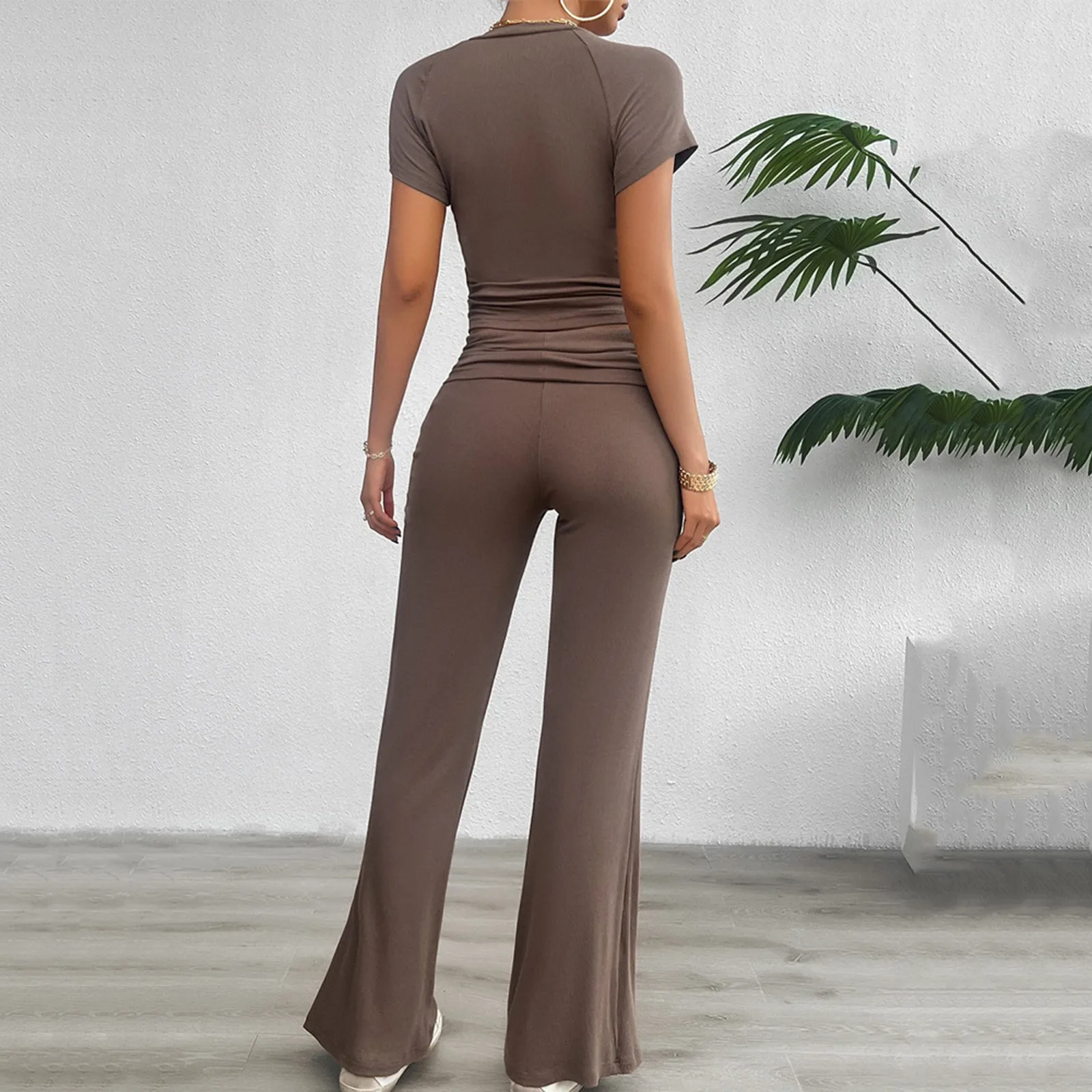 Брючный костюм с круглым вырезом повседневный облегающий комплект из топа