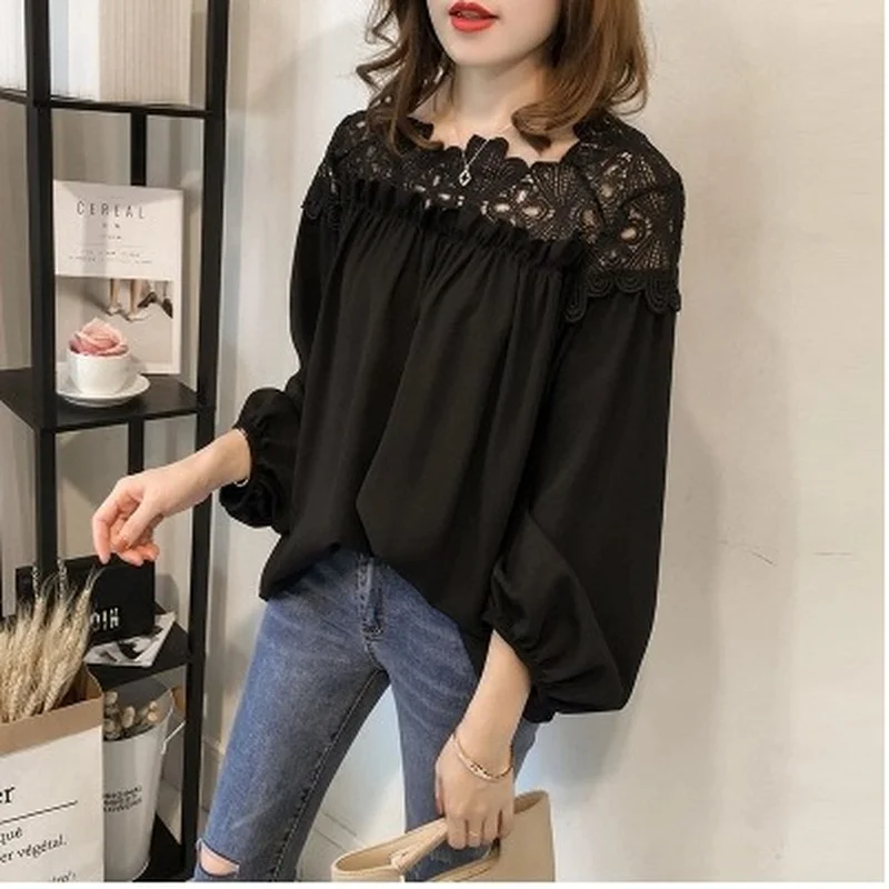 

Lace Crochet Blouses for Women Summer Long Sleeve Solid Chiffon Tunic Shirts Elegant Office Lady Loose Casual Tops Oversized