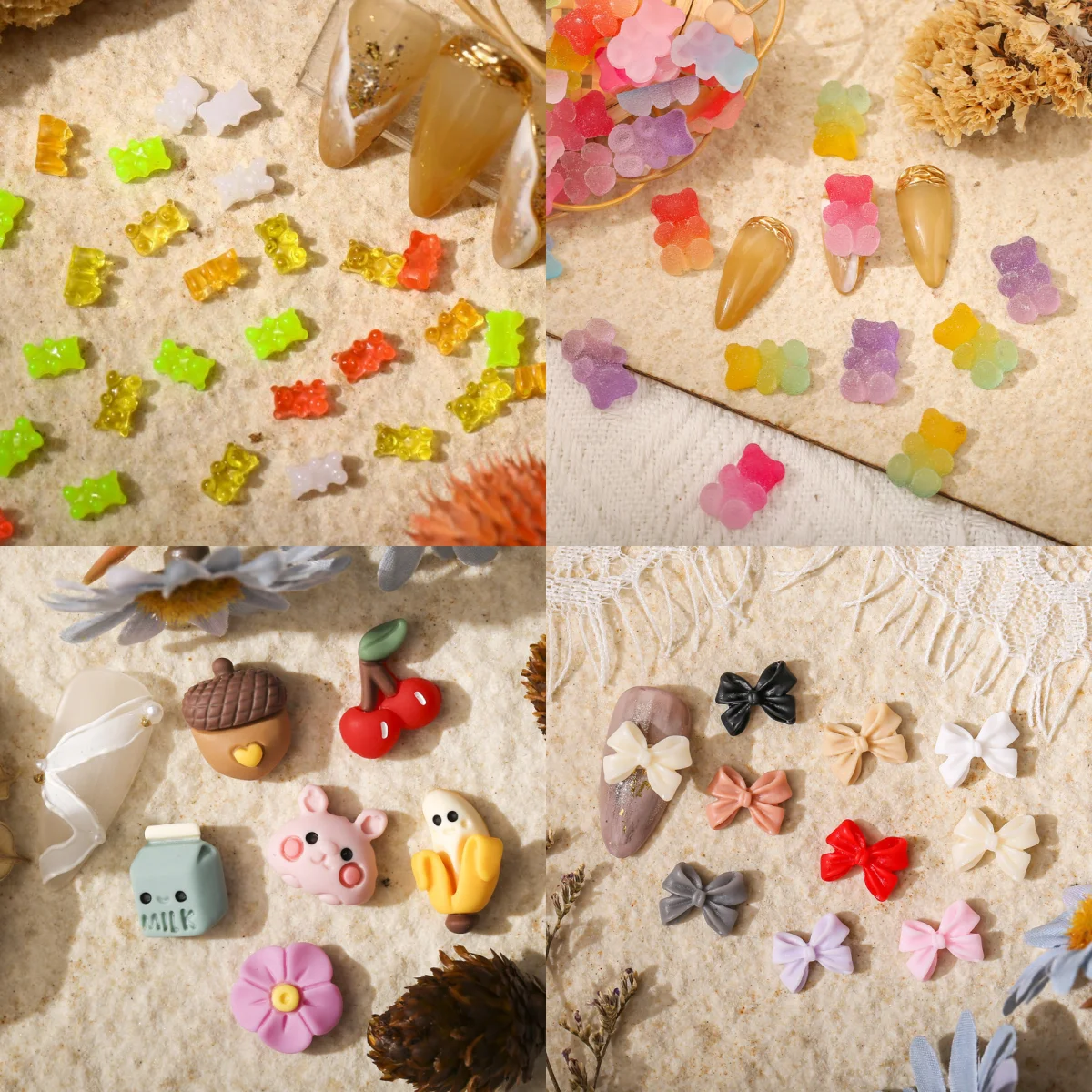 

50/30pcs 3D Charms Gummy Bear Nail Art Accessories Cartoon Resin Cute Nail Decorations DIY Bow Flower Kawaii Nail Supplies Parts
