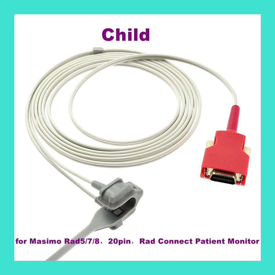 

Child Finger Clip Ear Clip Silicone Long Cable Oxygen Reusable Spo2 Sensor for Masimo Rad5/7/8，20pin，Rad Connect Patient Monitor