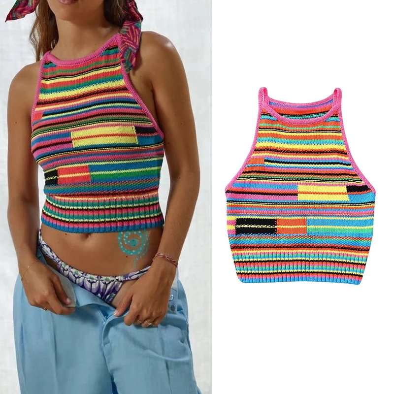

2022 Summer Women Fashion Colorblock Knitted Suspenders Versatile Sleeveless O Neck Female Short Chic Top BB22744
