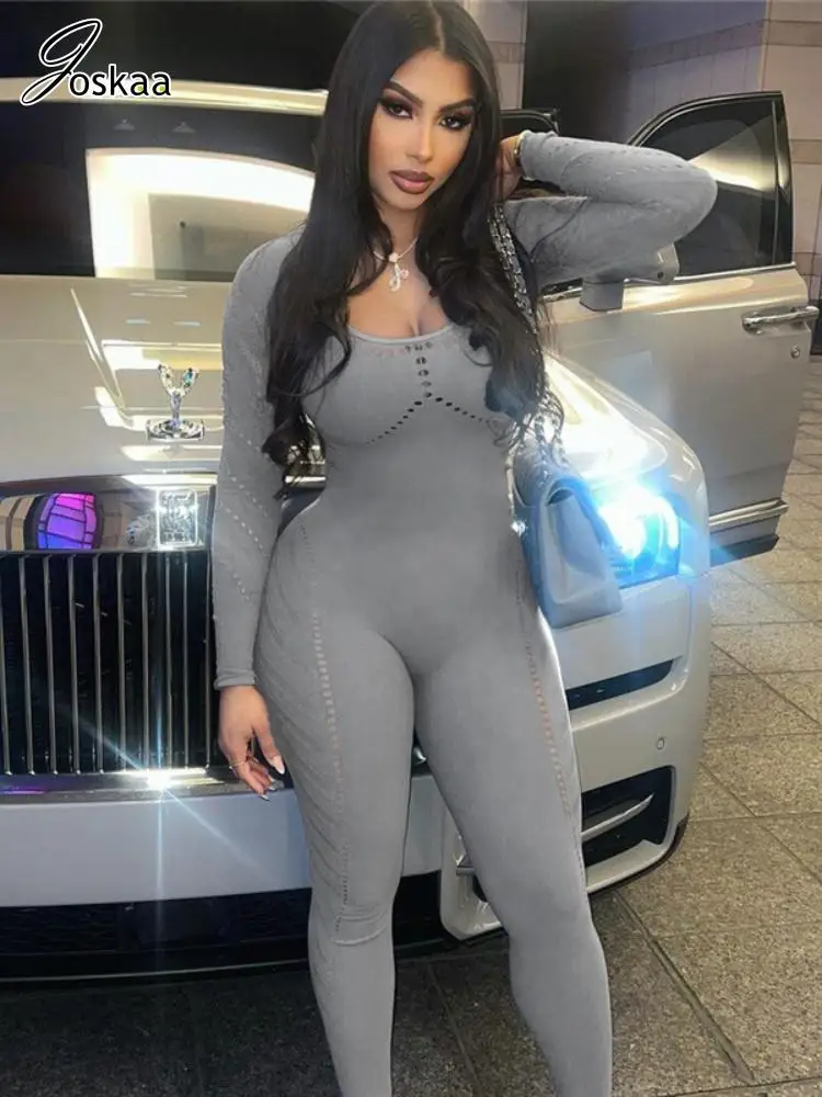 

Joskaa Sexy Hollow Out Jumpsuits Women Stunning See Through O-Neck Full Sleeve Skinny One Piece Rompers 2023 Midnight Clubwear