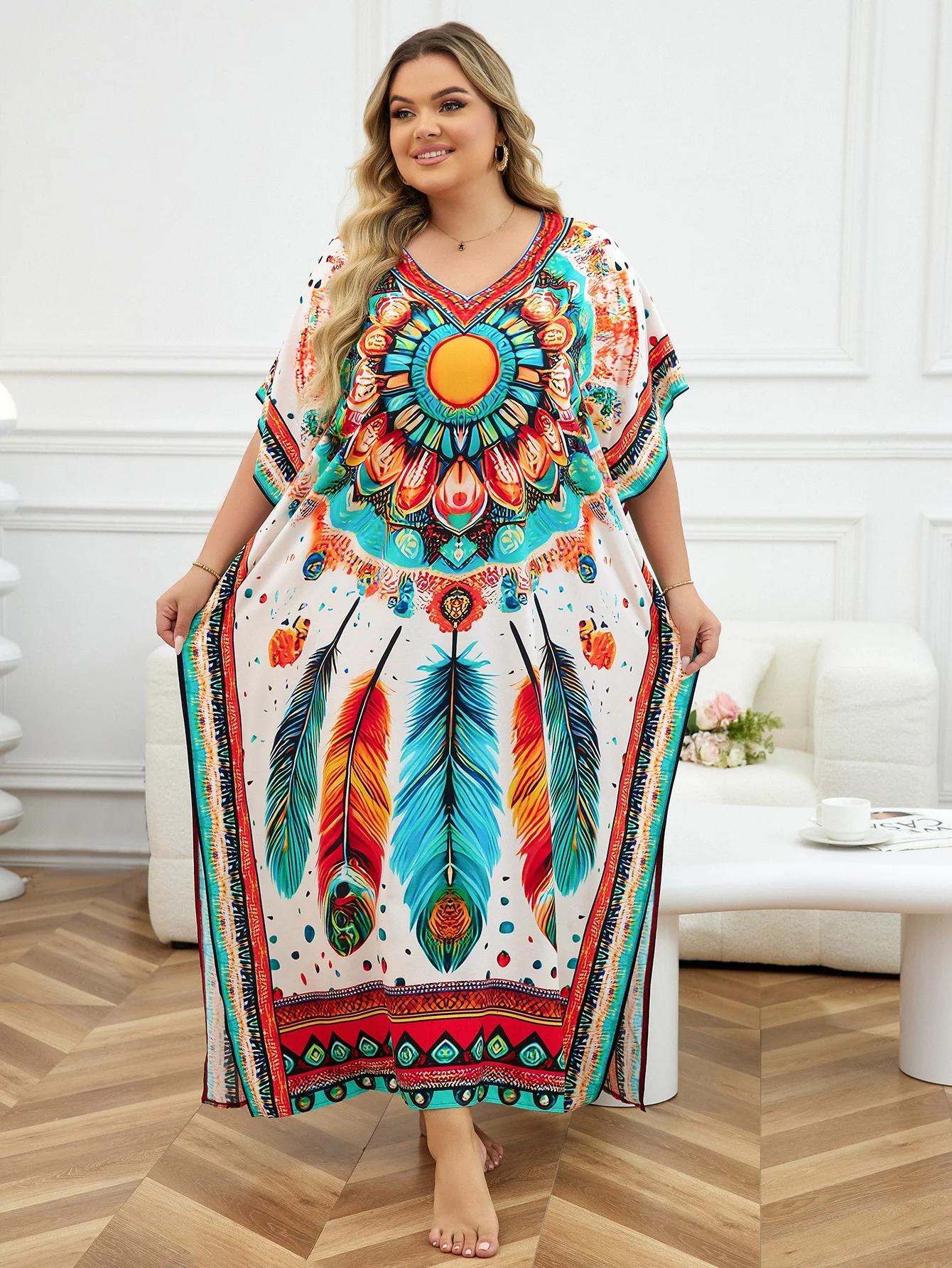 Женское летнее платье-кафтан с рукавом летучая мышь и V-образным вырезом