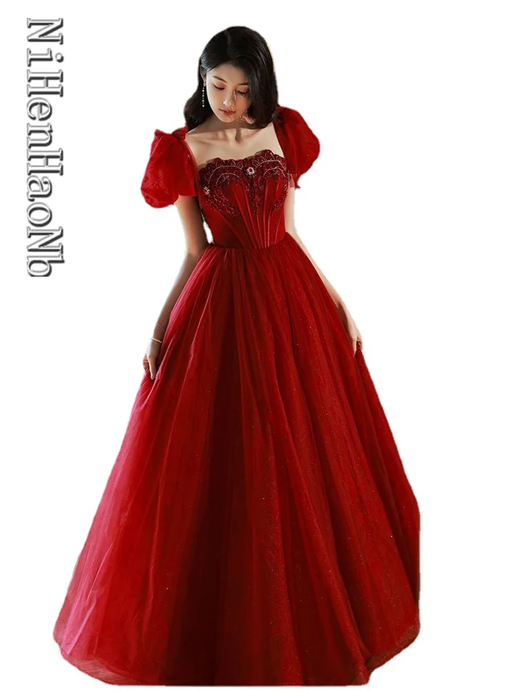 

Vintage Burgundy Wedding Dress Bridesmaid Dress Puff Sleeve A Line Square Collar Tulle Long Evening Party Gowns New