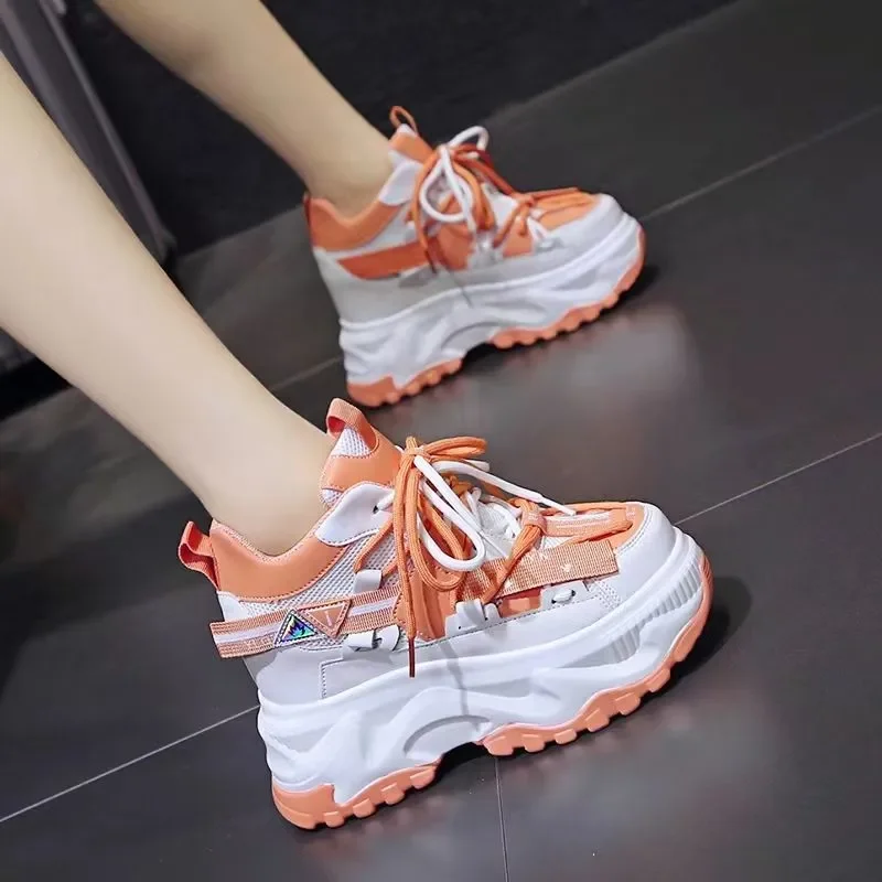 

Breathable Mesh Platform Sneakers Women 2022 Autumn Mix Color Hidden Heels Sneaker Woman Lace-up Thick Bottom Vulcanize Shoes