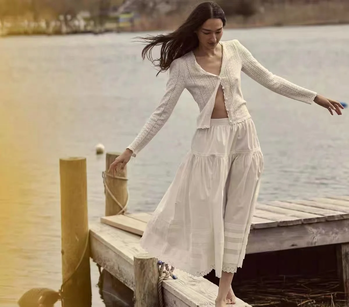 

Women Autumn New Hollow Out Jacquard Thin Knit Cardigan + High Waist Long Lace Skirt