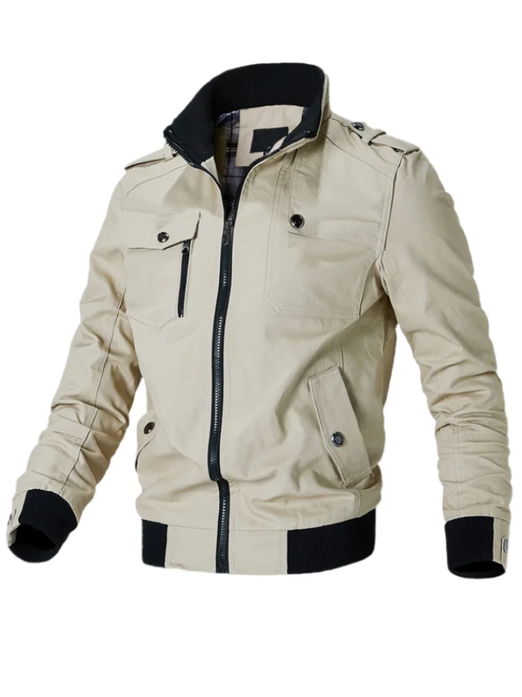 

Men's Pilot Military Jackets Solid Kahki Coat Stand Collar Zipper Outwear Oversized Casual Baggy Army Bomber Tactics Jackets Men