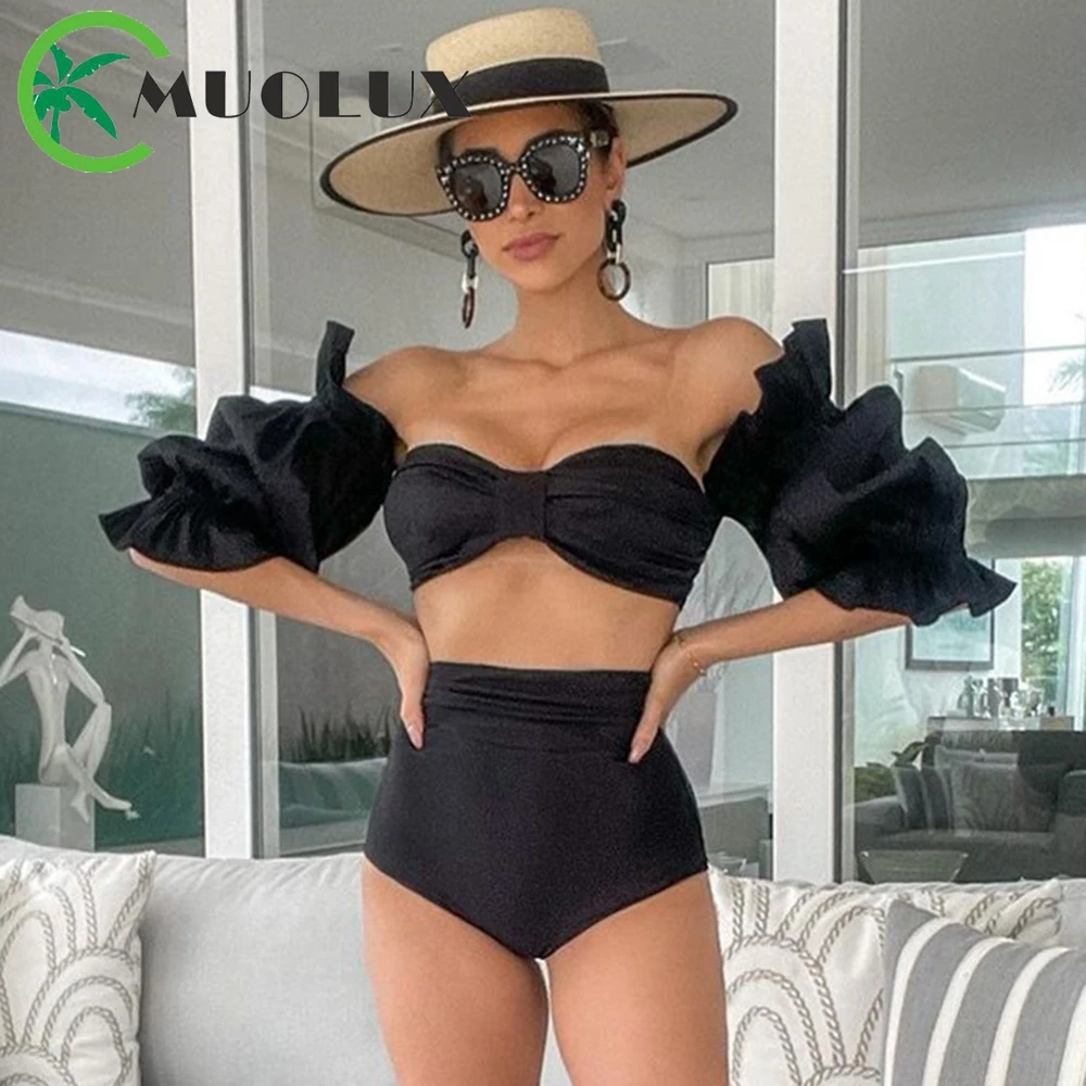 

MUOLUX 2023, сексуальный однотонный комплект из двух предметов, бандо, бикини, купальник, женский купальник с винтажный буф рукавом, пляжная одежда, летний купальный костюм