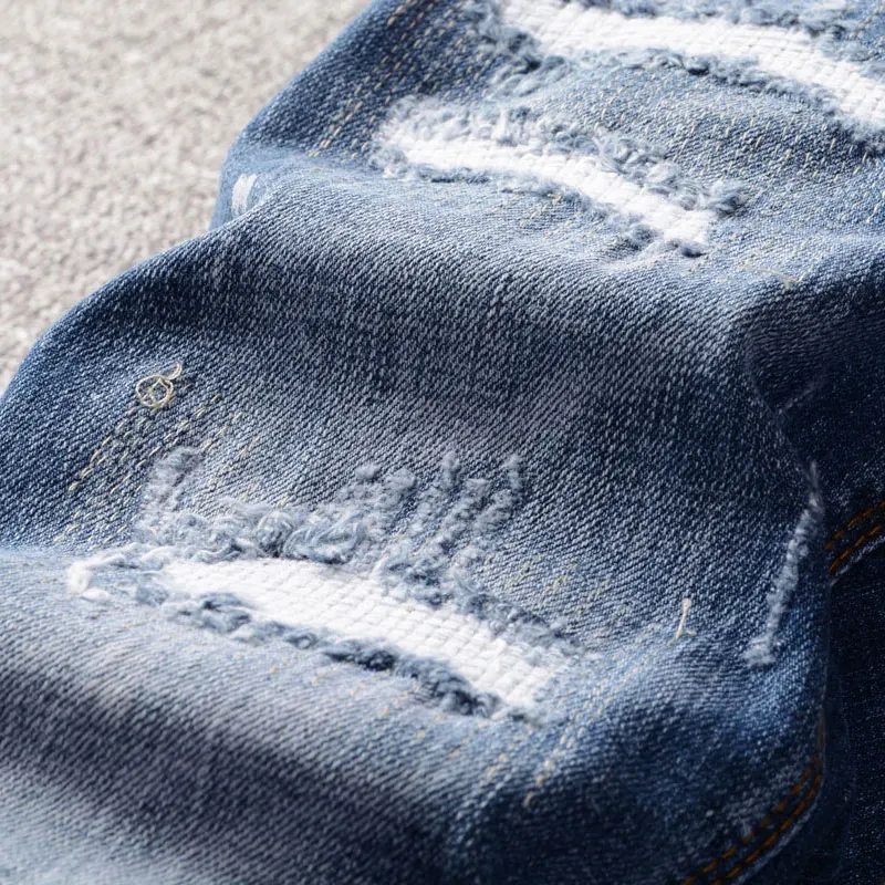 Fashion Designer Men Jeans Retro Blue Slim Fit Stretch Paint Ripped Jeans Men Trousers Patched Vintage Casual Denim Pants Hombre