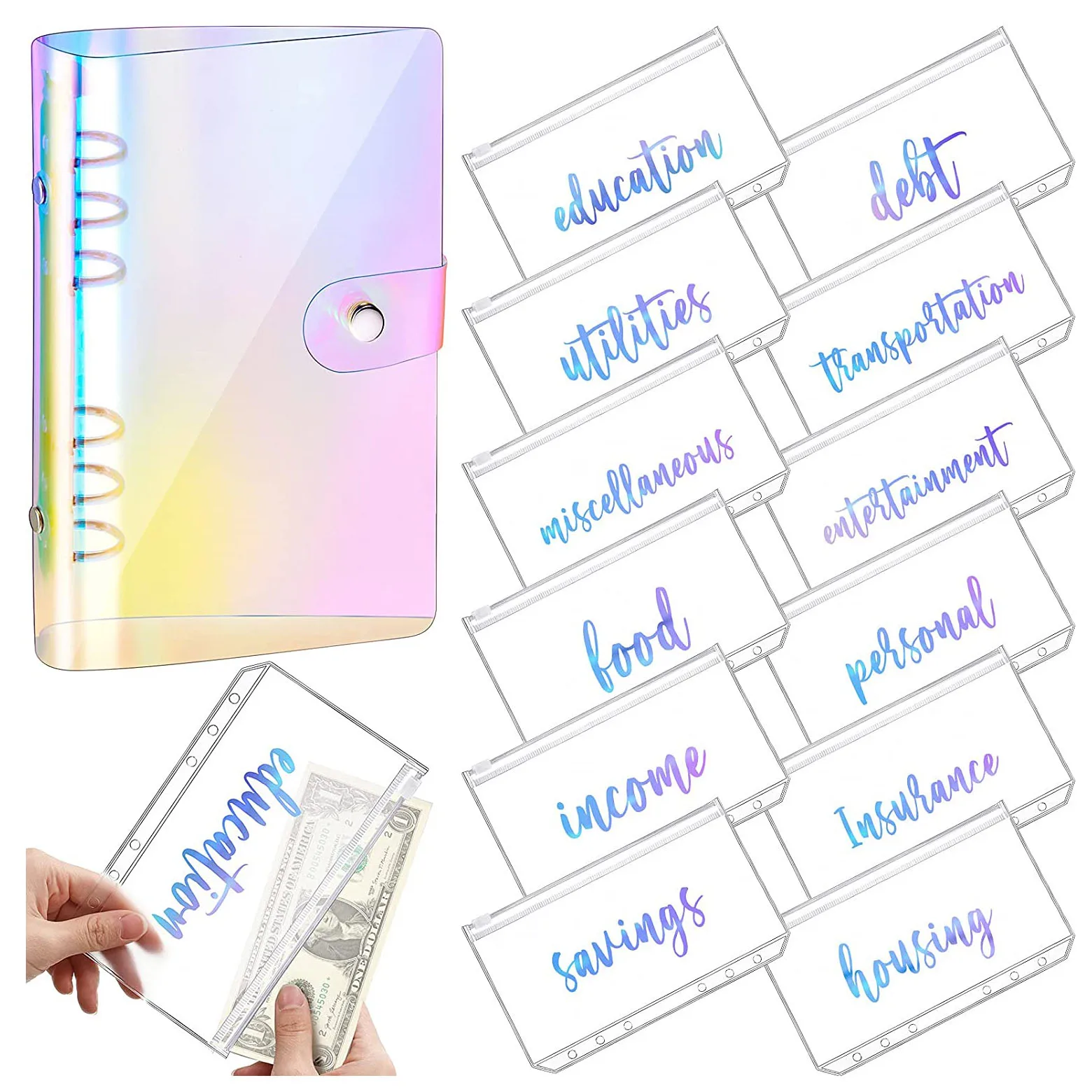 

A6 Rainbow Soft PVC Notebook Cover, Planner Budget Binder Organizer with 12 Categories Binder Pocket Folder for Bill Planner
