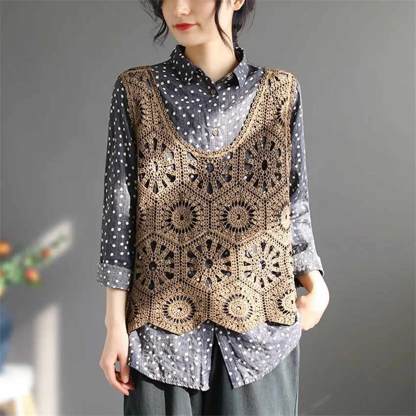 

Женский вязаный жилет, винтажный ажурный топ без рукавов с V-образным вырезом, весна-осень 2022