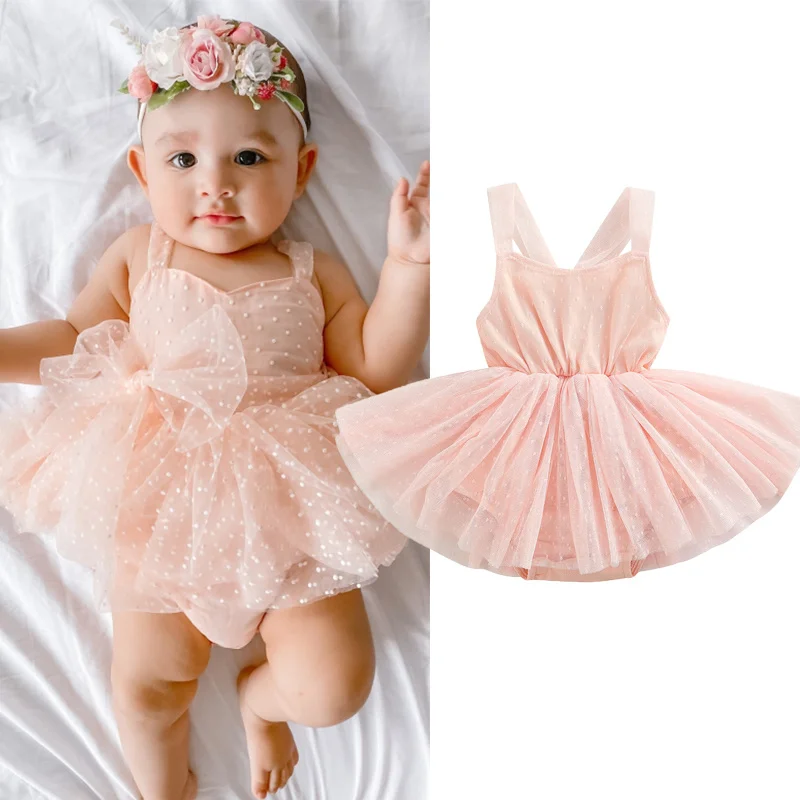 

Baby Sweet Romper Dress Solid Color Square Neck Sleeveless Mesh Jumpsuits Tulle Hem Summer Dress for Girls