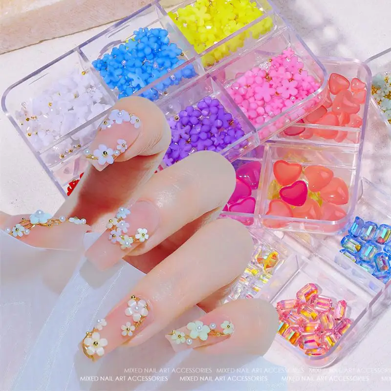 

6 Grid Nails Art Accesorios Light-sensitive Discoloration Nail Charms 3D Glitter Rhinestones Gems Pearl DIY Decoration Nail Art