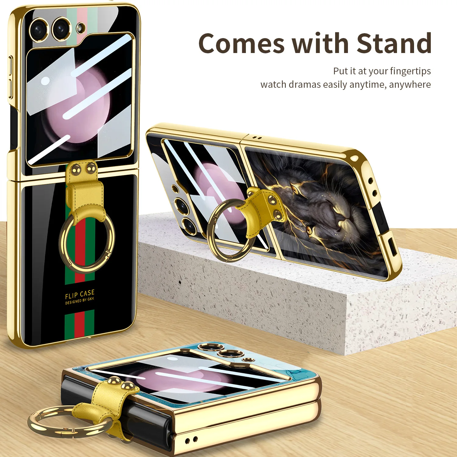 

Чехлы с гальваническим покрытием для Samsung Z Flip5, чехол с кольцом-держателем, подставка, оболочка, мембрана, интегрированная защитная пленка Z Flip5