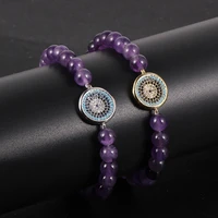 couple bracelets 6mm natural crystal amethyst beads gold silver brass zircorn turkish eye charm stretch bracelet for bestfriend
