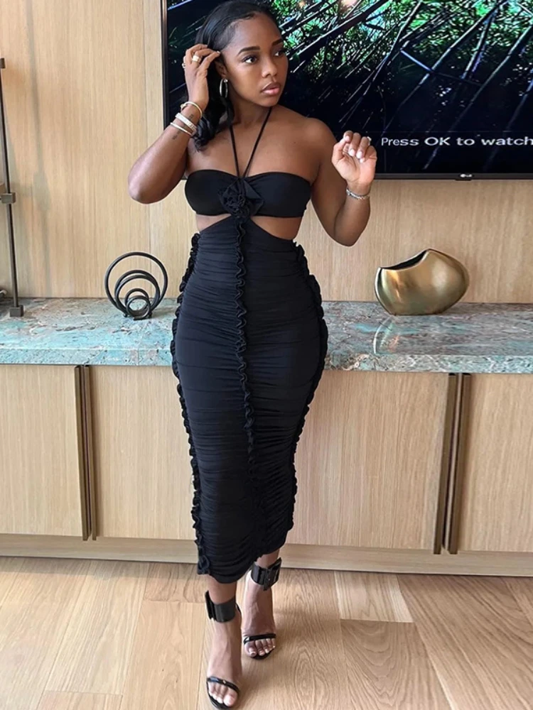 

Laxsesu Black Ruched Midi Dress Backless Sexy Split Bodycon Halter Dress Tie Flower Elegant Party Evening Dresses for Women 2023