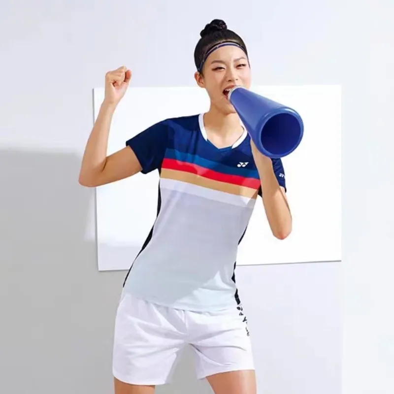 YY badminton T-shirt half sleeve rainbow color V-neck men and women outdoor sports tennis quick drying clothes breathable sweat