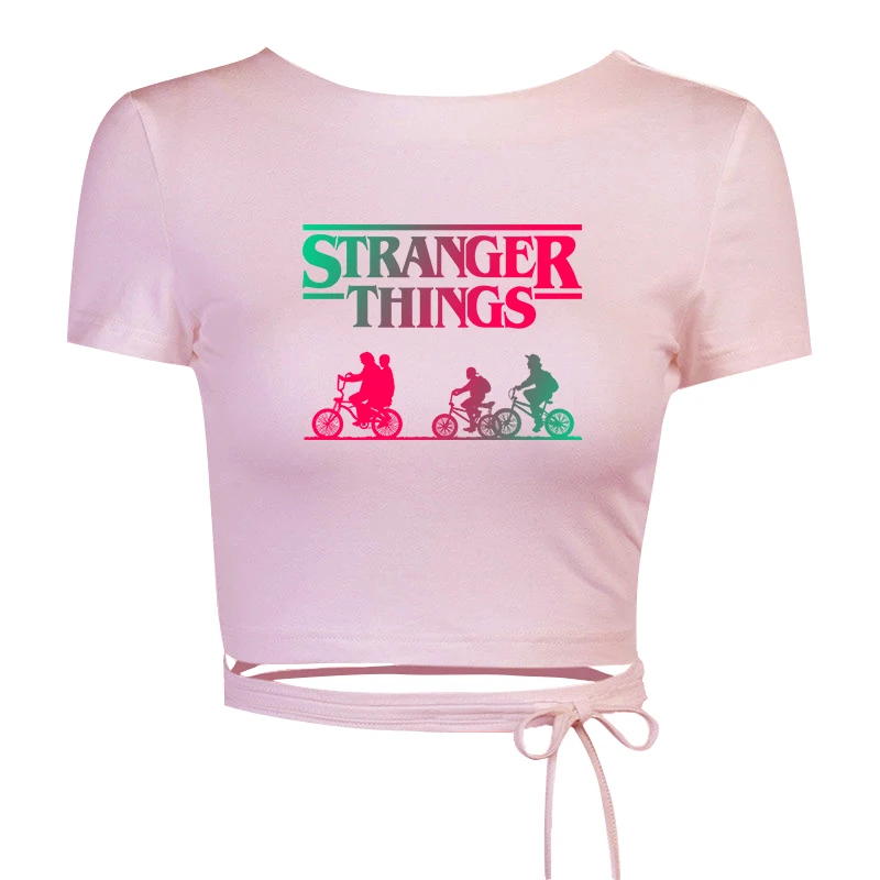 

Stranger Things print Crop Top Bandage Backless T Shirt Women Y2k Aesthetic Clothes Fashion Kawaii Short Sleeve Tshirts