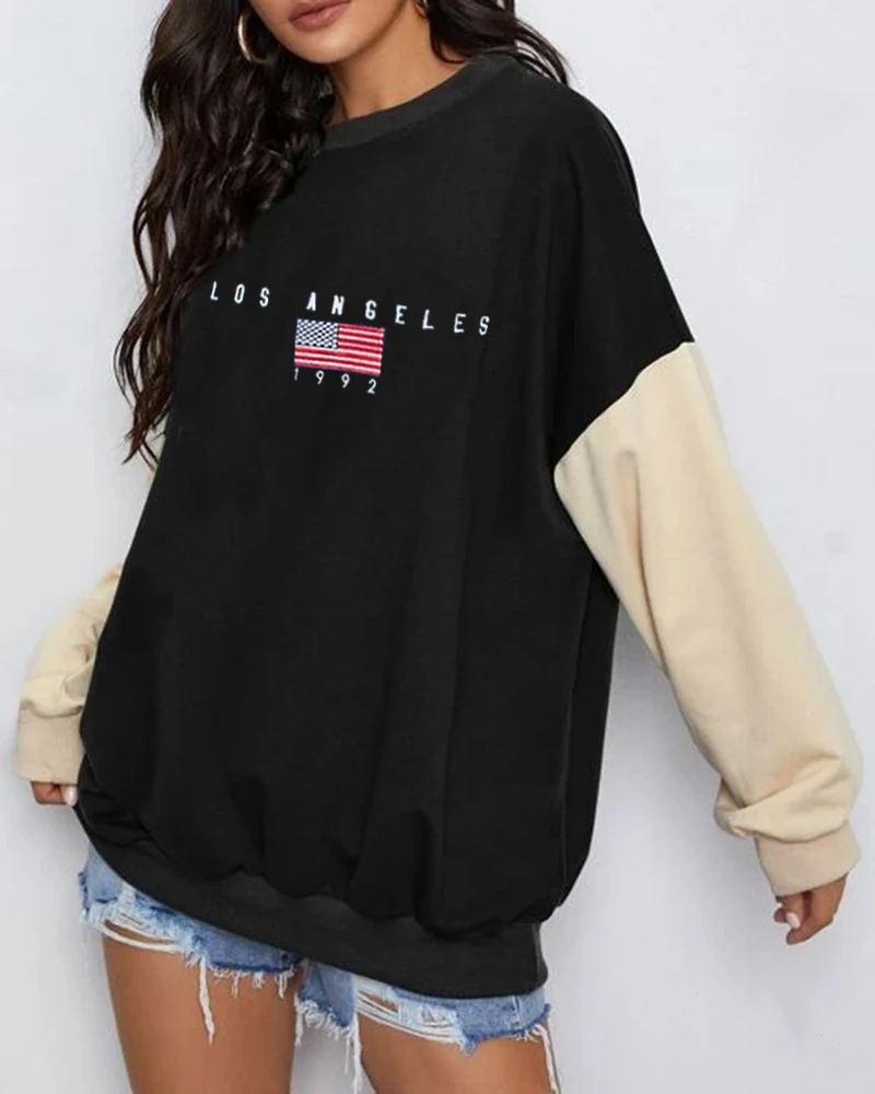 

Women y2k Sweatshirts Pullover Stitch Long Sleeve Letter Print Patchwork Top Sweatshirts Vintage Loose Hoodie Streetwear Blouse