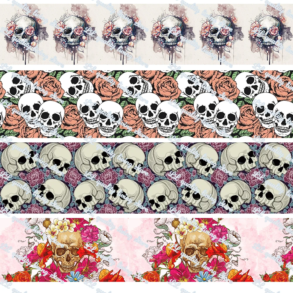 16-75MMhalloween skull Printed Grosgrain Ribbon 50Yards/Roll Tape Clothing Bakery Gift Wrapping Accessory Hairbow