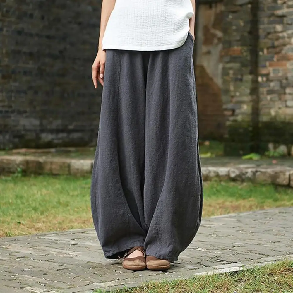 Elastic Waist Mid-Rise Women Cotton Linen Style Bloomers Slant Pockets Full Length Wide Leg Pants Ladies Clothing Pantalones
