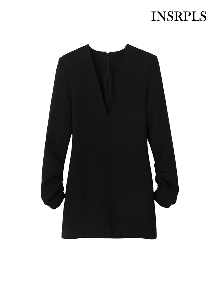 

INSRPLS Women Fashion With Shoulder Pads Mini Dress Vintage Long Sleeve Back Zipper Female Dresses Vestidos Mujer
