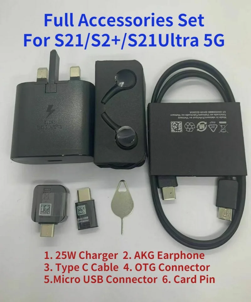

Full Accessories Set for Samsung Galaxy S21/S21+/S21Ultra 5G 25W EP-TA800 Charger Type C Cable OTG USB Connector Earphone