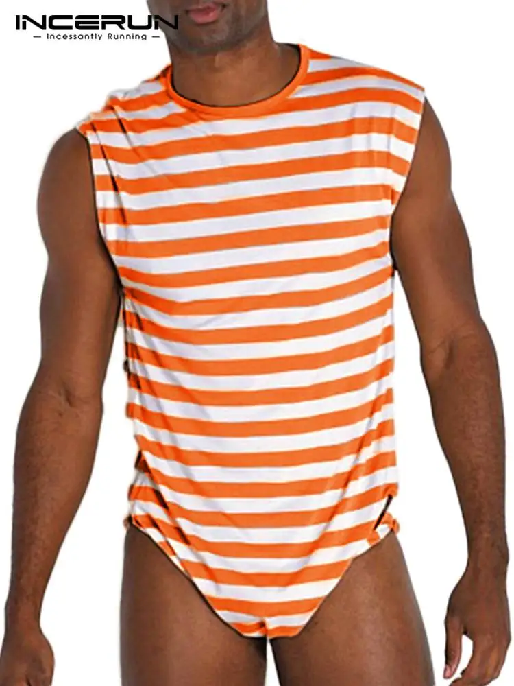 Fashion Casual Style Men Stripe All-match Onesies Stylish Male Sexy Well Fitting Comfortable Triangle Sleeveless Bodysuit S-5XL
