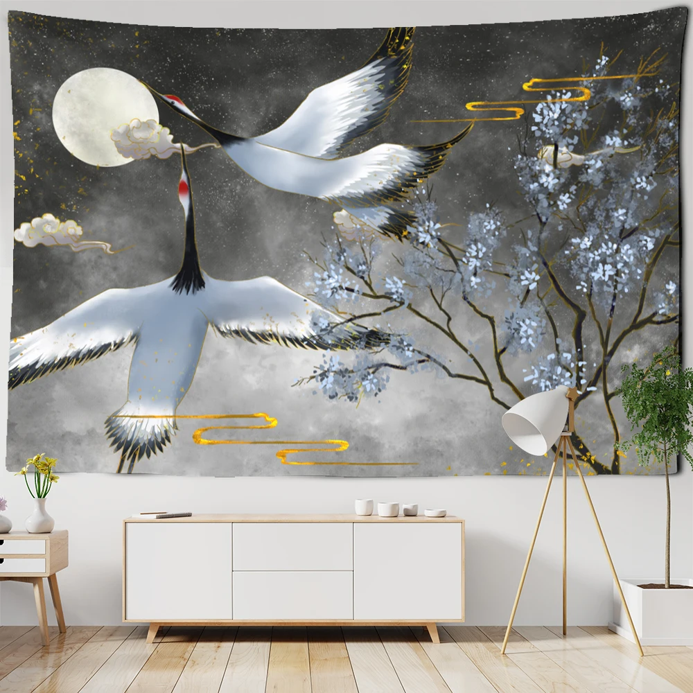 

Black Light Tapestry UV Reactive Crane Chinese Painting Tapestry Landscape Wall Hanging Bedroom Home Decor Luminous Tapestry