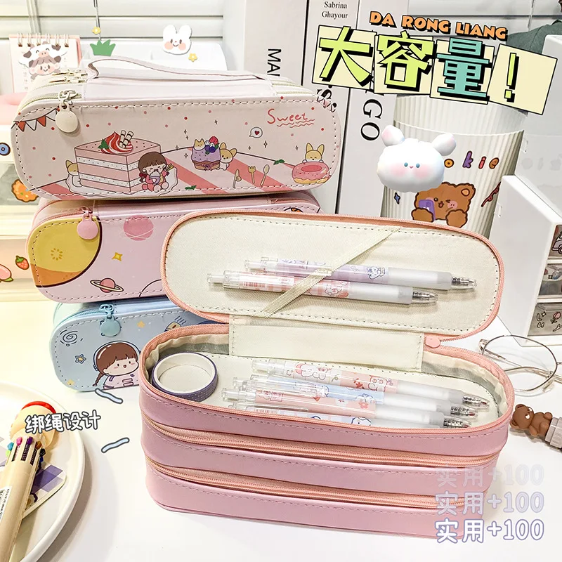 

Cartoon Three-layer Pencil Bag Large-capacity Simple Canvas Stationery Pencil Case Student Reward Gift Stationery Bag