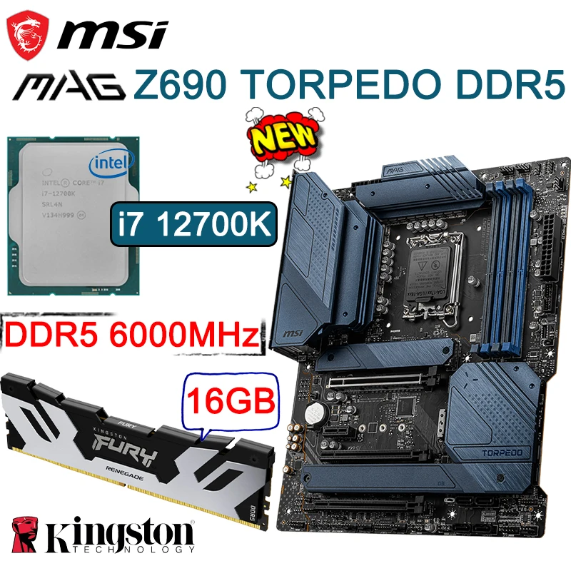 

MSI Z690 TORPEDO D5 Motherboard + Intel i7 12700K CPU + DDR5 6000MHz 16GB Memory Combo LGA 1700 Crossfire ATX Mainboard New
