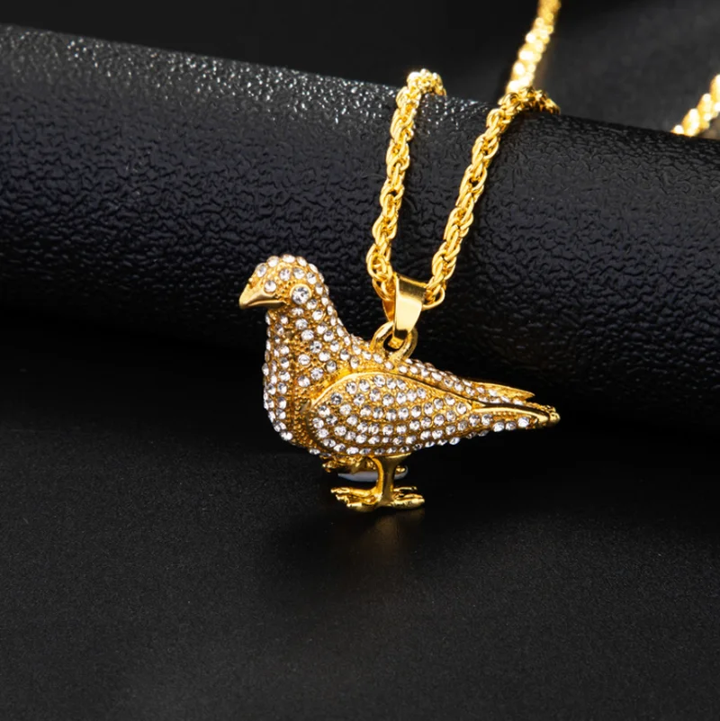 

New Style Iced Out Gold Color Plated Two Tone Micro Pave Zircon Pigeon Pendant Necklace Hip Hop Jewelry for Men Women