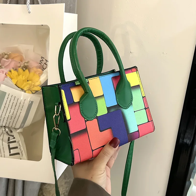 

New Trend Luxury Designer Contrast Color Portable Shoulder Small Square Bag Geometric Horizontal Casual Handbag Messenger Bag