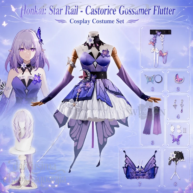 Фото Пышное воздушное готическое платье Лолита Dreamy Flutter Gossamer, полный косплей-набор Castorice, фиолетовый наряд, парик с хвостом бабочки для косплей-мероприятий №2