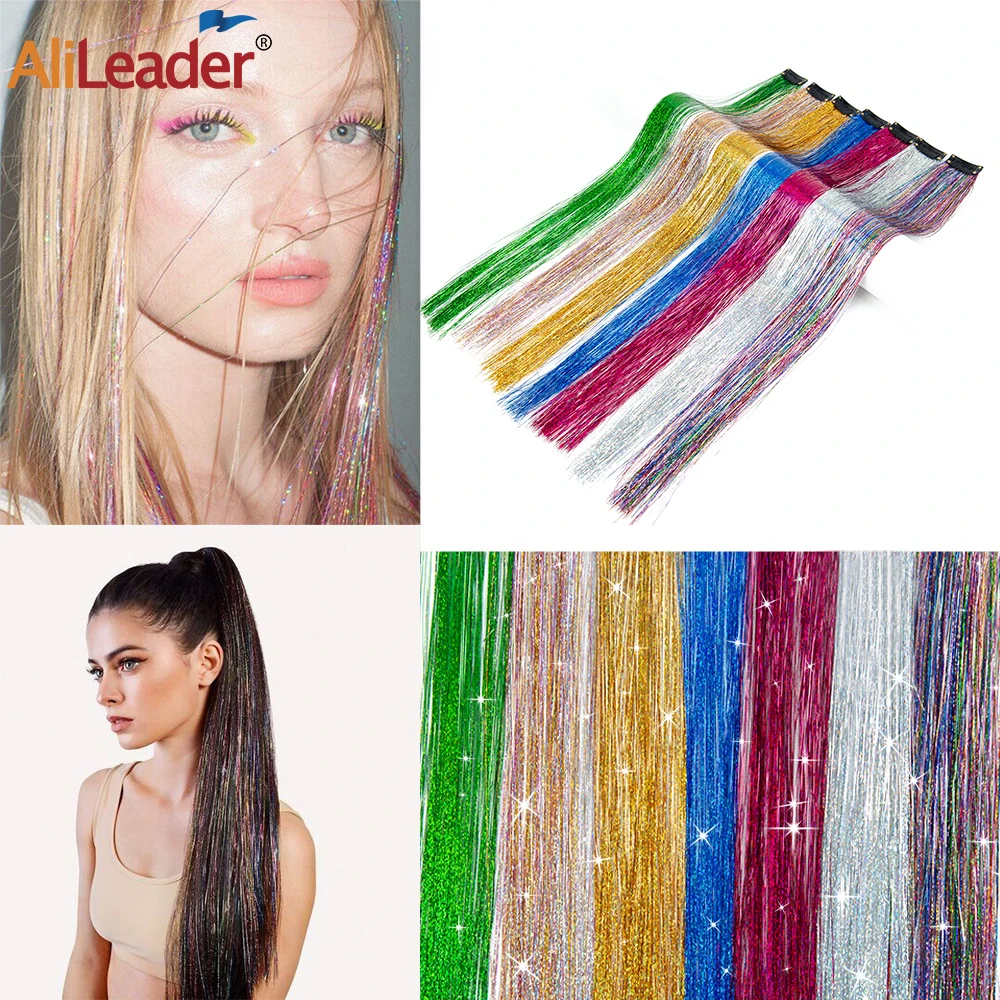 Highlight Glitter Tinsel Hair Extensions Clip In Colored Party Sparkling Shiny Hair Multi-Colors Hair Streak Bling Hairpieces