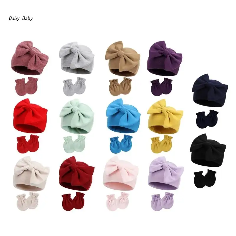 

Q81A Baby Bowtie Hat Newborn Scratch Prevent Mittens Breathable Cotton Hat & Gloves Set Infant Beanie Skin Friendly Headwear