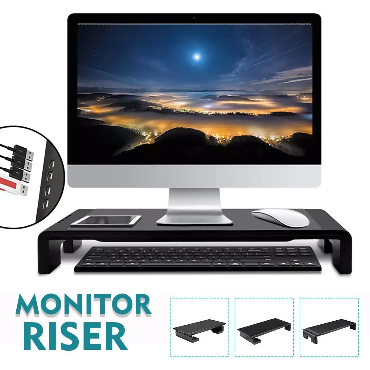 

4 USB 2.0 Ports Smart Monitor Riser Multifunction Desktop Computer Screen Shelf Stand Laptop Desk Holder Accessories TV Stand