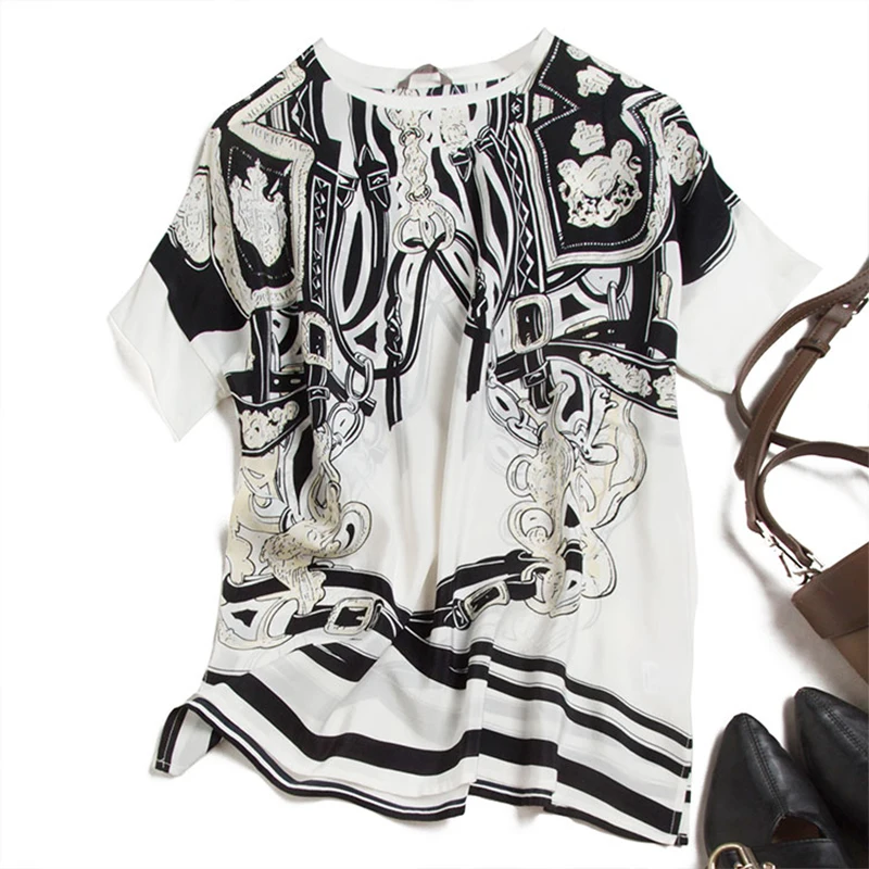 

Женский пуловер с принтом цепей, черно-белый свисающий пуловер с рукавами до локтей и круглым вырезом, футболка из шелка тутового шелкопряда, новинка 2022