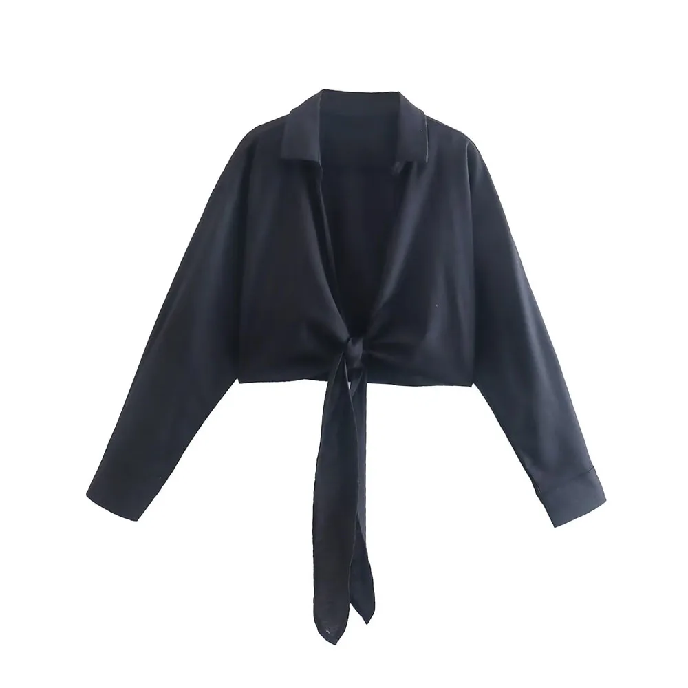 

PB&ZA Women 2023 summer fashion new knot casual linen shirt retro long sleeve chic black V-neck blouse Blouses Mujer