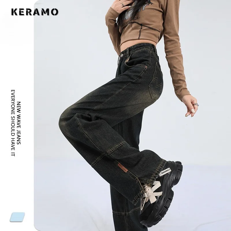 Винтажные синие прямые джинсовые брюки с высокой талией в уличном стиле осень 2023