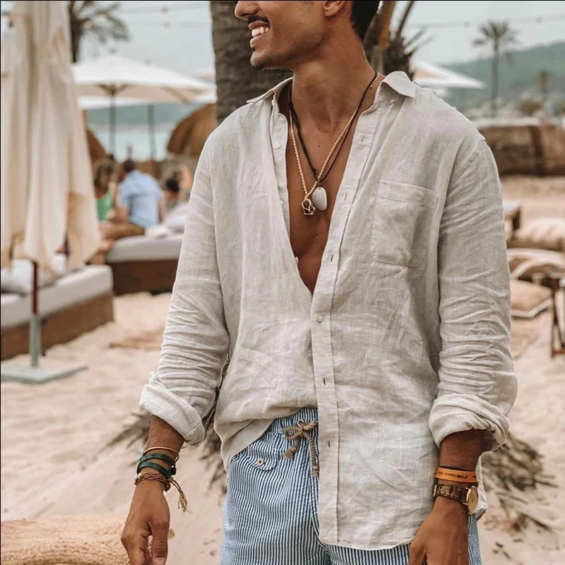 

2023 New 100% Cotton Linen Hot Sale Men's Long-Sleeved Shirts Summer Solid Color Lapel Collar Casual Beach Style Plus Size