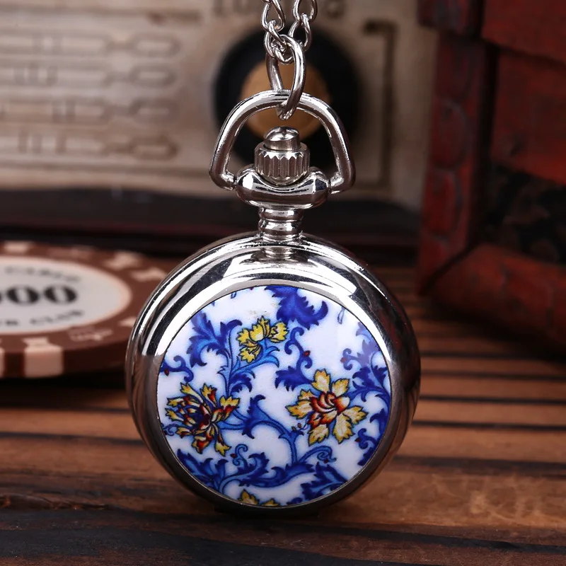 

Vintage Cute Small Dial Quartz Pocket Watch for Men Women Flower Print Case Fob Chain Pendant Necklace Clock for Collection Gift