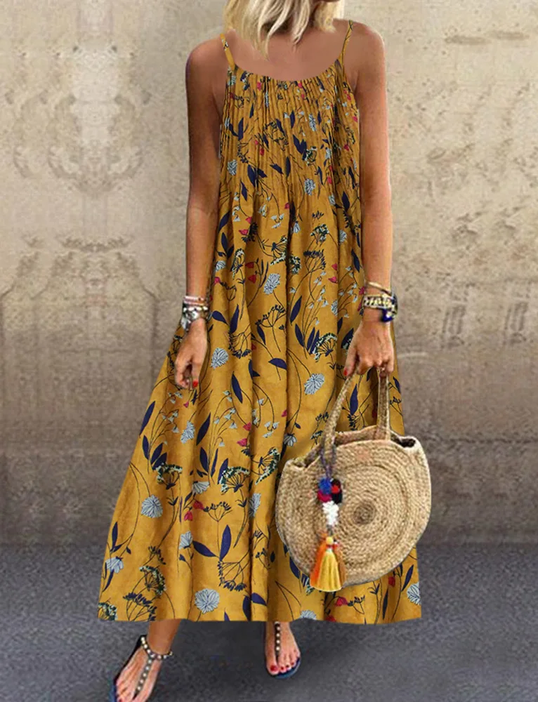 

2023 Spring Summer New Fashion Europe and The United States Cotton Linen Printed Sling Beach Casual Elegant SIexy WIomen Dress